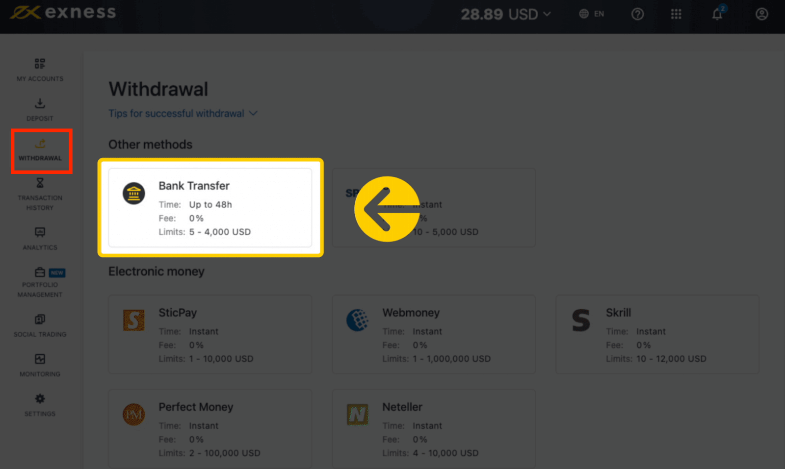 Exness Depósito y Retiro de Dinero en México