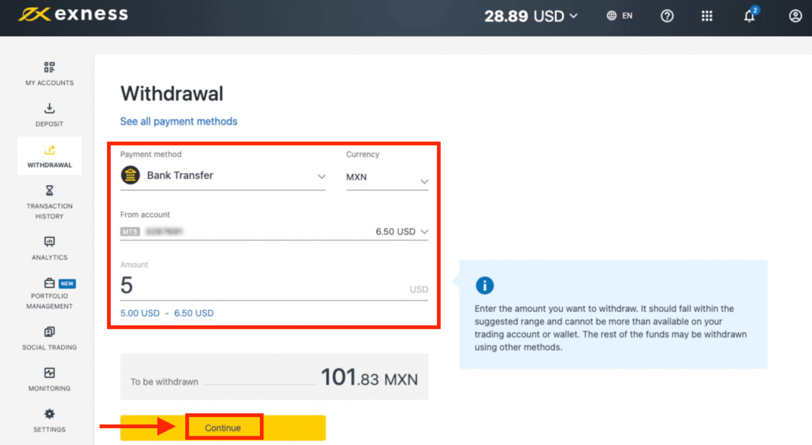 Exness Depósito y Retiro de Dinero en México